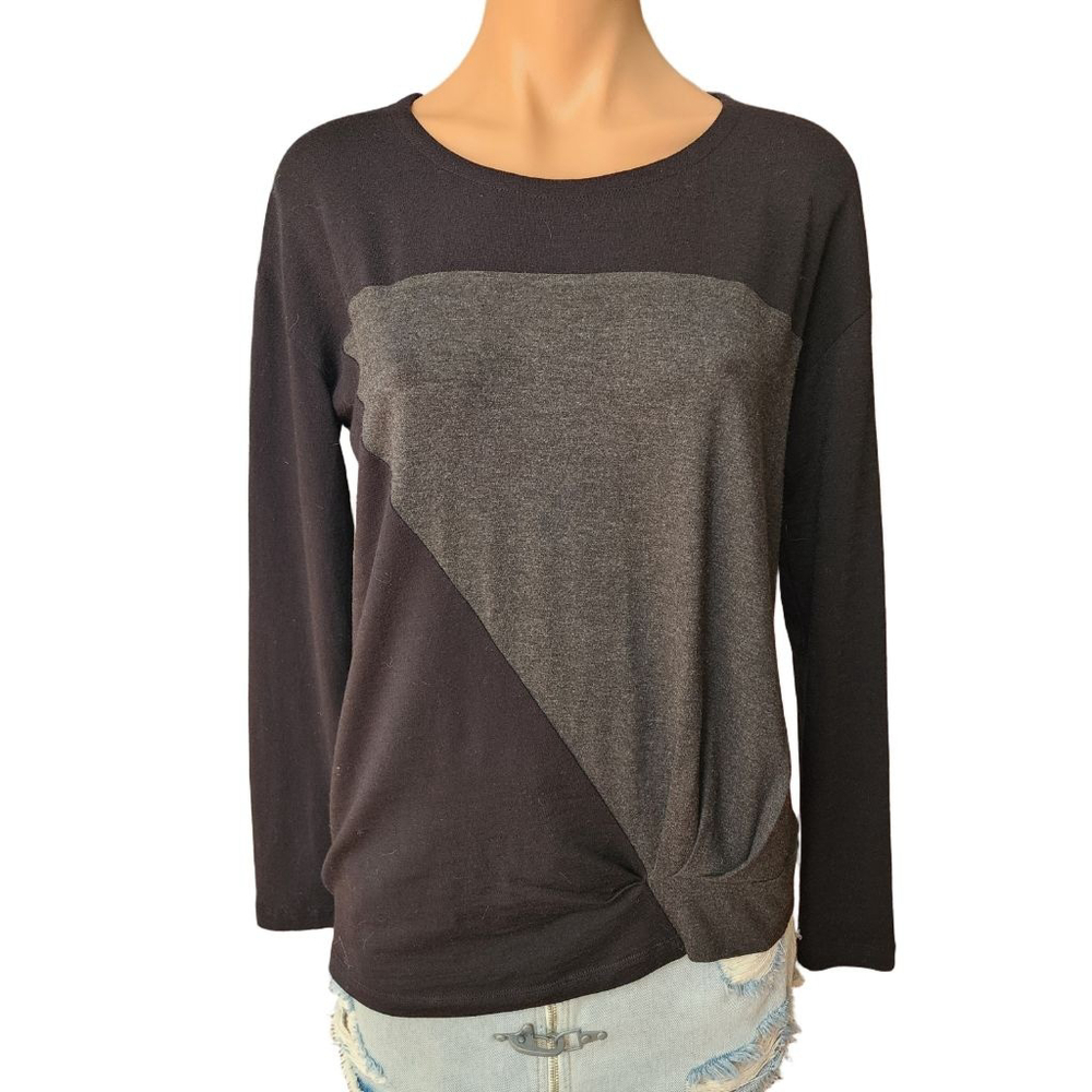 LAFAYETTE 148 New York Merino Wool Long Sleeve Tee M Black Gray Colorblock
